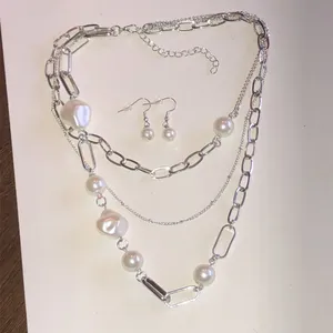 Classic Silver Tone Chain Faux Pearl Layered Necklace & Earrings Set thumbnail 2