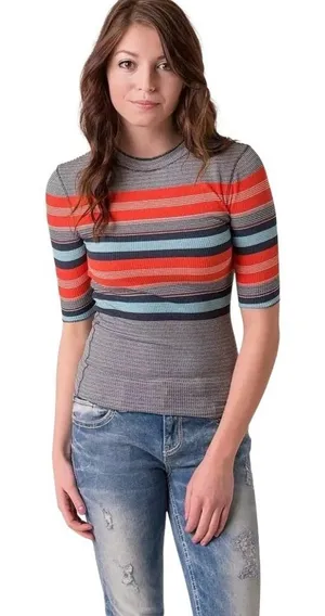 Free People Striped Thermal Top Size XS Navy Combo OB466000 Blue Red thumbnail 1