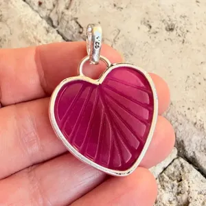 Carved Ruby Heart Clover Pendant 925 Silver Overlay Red thumbnail 9