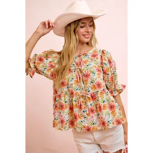 BiBi Flower‎ Printed Shirring Detail Blouse Top - Flower - Large thumbnail 10