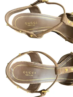 Gucci Women’s Jacquelyne Brown Suede Gold Studded Cork Block Heels Size 39 thumbnail 4