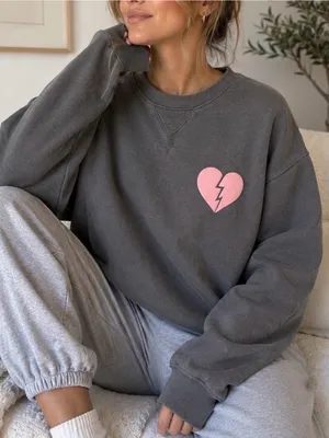 WILDFOX Charcoal Pullover Sweatshirt with Pink Heart Graphic thumbnail 1
