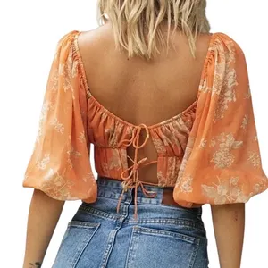 Hello Molly Flowy Sleeve Bustier Crop Top‎ Orange Floral Fairy Romantic Size XS thumbnail 6