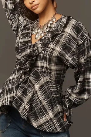 Pilcro x Anthropologie Long Sleeve Ruffled Blouse Plaid Black Size M thumbnail 1
