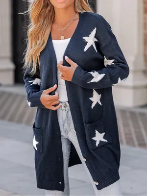 Cupshe Navy Blue Star Print Long Button Down Cardigan Sweater Size XS thumbnail 1