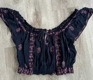 Free People‎ Black Sheer Lace Embroidered Crop Top Tank Medium Purple Festival thumbnail 1