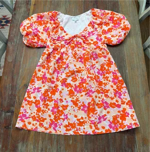 LUCY PARIS Pink & Orange Floral Puff Sleeve Toulouse Tie Babydoll Mini Dress S thumbnail 1
