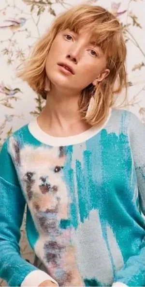 Anthropologie Lauren C Walcott Artwork Abstract Llama Wool Sweater Size Large thumbnail 1