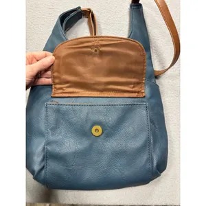 Gal Crossbody Bag Women OS Blue Tan Faux Leather‎ Braided Trim Adjustable Strap thumbnail 7