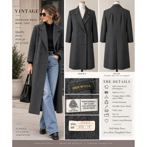 Vintage Wool Double Breasted Overcoat Longline Notched Lapel Grey Sz 16 Classic thumbnail 2