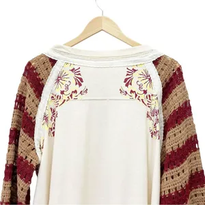 Free People Festival Ready Tee Crochet Sleeve Cream & Rust Knit Top Size Large thumbnail 10