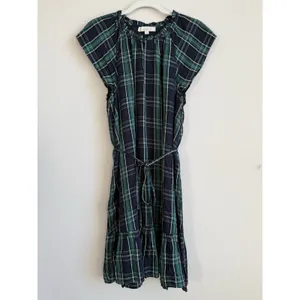 Loft Dress Women's 12 Blue Green Plaid‎ Shift Belted Short Sleeve Pleated Lined thumbnail 2