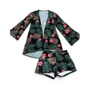 SHEIN Black Tropical Floral‎ Swim Coverup Set with Green & Pink thumbnail 1