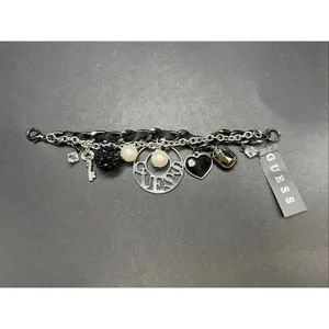 New! Guess Black Silver Tone Chunky Charm Faux Pearl Rhinestone Heart Bracelet thumbnail 5