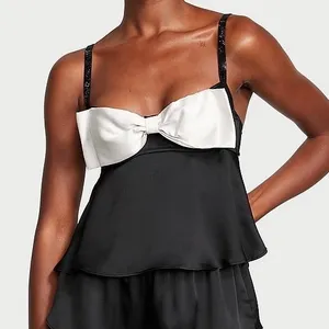 Victoria's Secret Women‎ Black White Bow Rhinestone Glam Satin Babydoll Top XL thumbnail 1