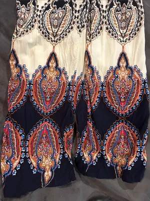 Bohemian Elastic-Waist Printed Palazzo Pants - Cream & Navy thumbnail 2