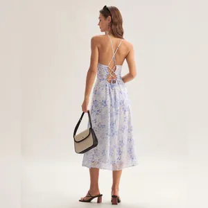 Rihoas Blue Floral Halter Midi Dress thumbnail 3
