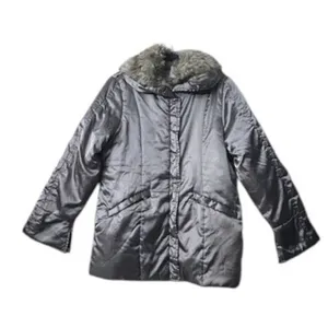 Womens Silver‎ Puffer Jacket Coat Faux Fur Trim Hooded Winter Cabincore Large thumbnail 14