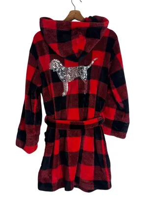PINK Victoria's Secret Women's Buffalo Plaid Hooded Sequin plush Robe y2k XS/S thumbnail 1