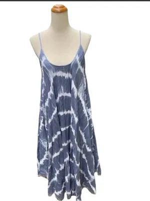 Made In Italy Blue Tie Dye Bohemian Maxi 100% Cotton Sun Dress Size M thumbnail 2