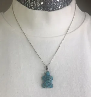 Vintage carved turquoise necklace sterling chain 17" thumbnail 1