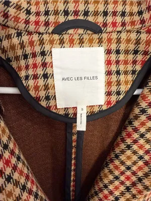Avec Les Filles Longline Plaid Houndstooth Blazer Tan Red Black Size S thumbnail 5