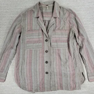 Free People High Tide Shirt XS Tan Pink Womens Striped Oversized Button Up Boho thumbnail 10