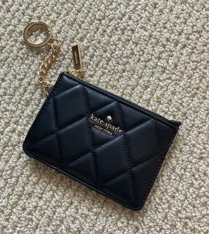 NEW Kate Spade Black Smooth Quilted Leather Card Holder Keychain Gold Hardware thumbnail 1