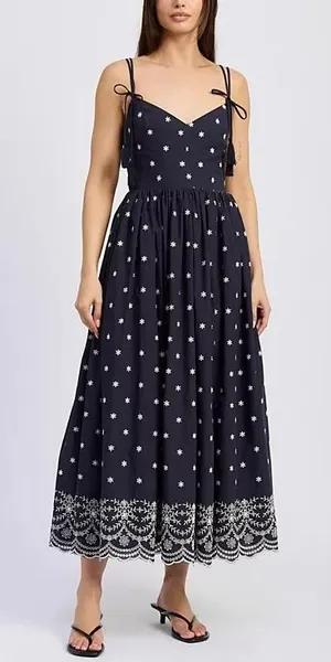 En Saison Womens Midi Dress Size S Navy White Cotton Embroidered Hem Tie-Straps thumbnail 1