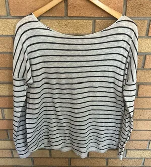 Vince Round Neck Long Sleeve Knit White & Black Striped Cotton Top Size Small thumbnail 1