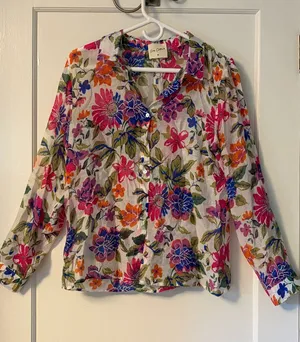 Easy Clothes silk blend sheer floral button up blouse size medium Pink thumbnail 1
