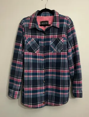 Modern Pink Blue Plaid Sherpa Lined Button Down Flannel Shirt Jacket thumbnail 1
