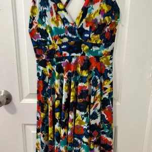 Flyaway Collection Multi-Color Abstract Ikat Cross-Back Handkerchief Hem Dress L thumbnail 7