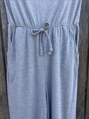 Forever 21 Light Gray Short-Sleeve Knit Wide Leg Jumpsuit Elastic Waistband S thumbnail 4