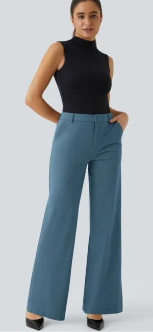 Halara Flex Mid Rise Pocket Straight Leg Work Pants Abyss Blue Womens Large NEW thumbnail 1