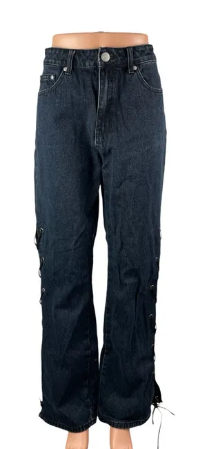 Superdown Womens Blue Dark Wash High Rise Lace Up Wide Leg Denim Jeans Pants 30 thumbnail 1