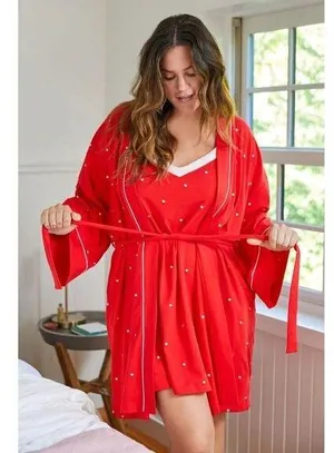 BEDHEAD Pajamas Heart Dot Stretch Organic Cotton Jersey Robe in Tiny Hearts L/XL thumbnail 1