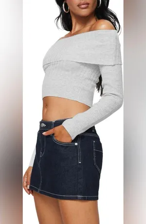 Princess Polly Tagula Off Shoulder Mixed Rib Crop light Gray Sweater long sleeve Women’s top thumbnail 2