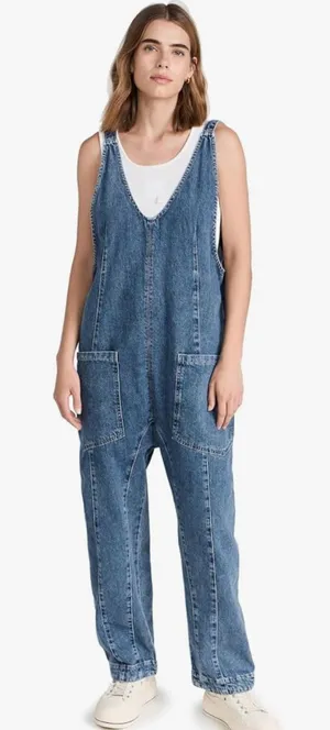 Free People Women's High Roller Jumpsuit Blue Denim Size Medium M thumbnail 1