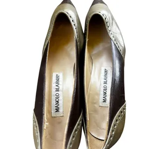 Manolo Blahnik Pumps 36 Brown Olive Leather Wingtip Brogue Kitten Heel Vintage thumbnail 7