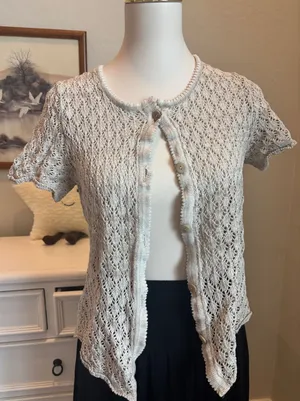 Crochet Pointelle Knit Cardigan Short Sleeve Boho Cottagecore Shrug Beige Medium thumbnail 1