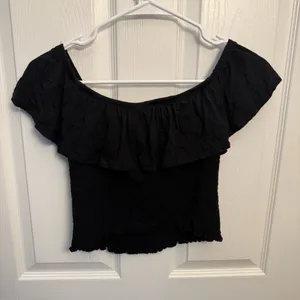 Y2K Abercrombie & Fitch Black Smocked Off Shoulder Ruffle Crop Top thumbnail 2
