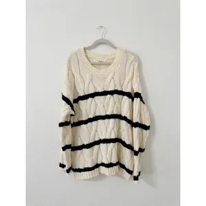 SOLAI Cable Knit Striped Sweater Ivory Black Oversized Coastal Grandmother thumbnail 3