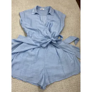 Lilyful Blue Solid Wrap V-Neck Tie Waist Lined Cap Sleeve Romper S Rayon thumbnail 12