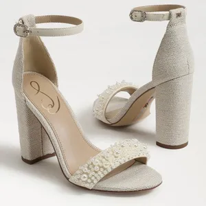 NEW Sam Edelman Sz‎ 8Yaro Perla Open Toe Silk Tweed 4” Dazzling Heels Tan thumbnail 7