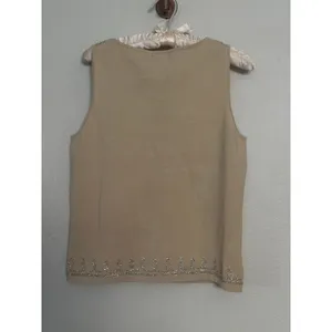 Vintage Silk Keyhole Stretch Knit Rhinestone Y2K Tank Top Beige Silver Boho Chic thumbnail 6
