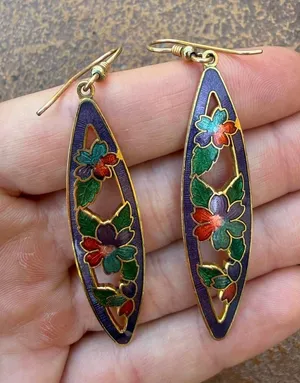 Vintage 1970s cloisonné marquise-shaped gold dangle earrings with floral enamel design thumbnail 1