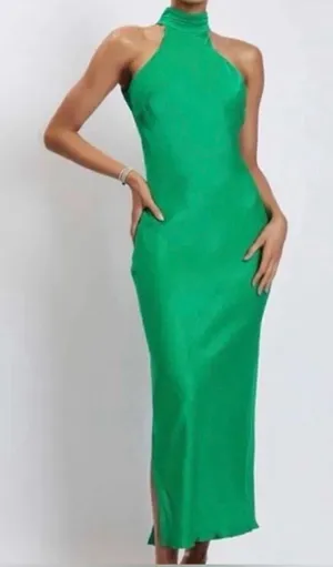 NWT Meshki Claire drape back Dress Green maxi satin open back size XS halter thumbnail 1