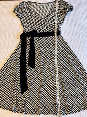 London Times Size 8 Black White Printed Midi Wrap V-Neck Fit & Flare Dress Belt thumbnail 11
