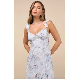 Lulus Delightful Direction Blue Floral Ruffled Tie-Strap Midi Dress Small NWT thumbnail 3